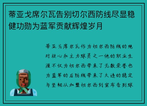 蒂亚戈席尔瓦告别切尔西防线尽显稳健功勋为蓝军贡献辉煌岁月